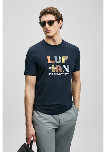 Lufian Sunny Modern Grafik Tişört Lacivert Lacivert 111020291100200