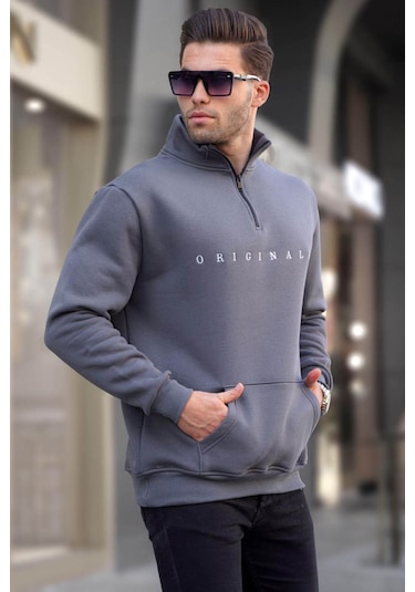 Madmext Füme Fermuar Yaka Nakışlı Sweatshirt 6028 Füme
