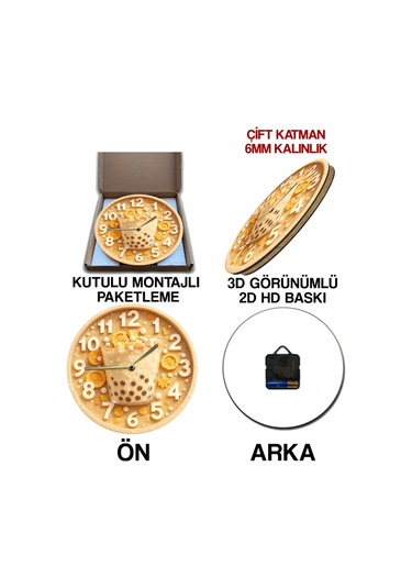 Zamanın Tadı Bubble Tea Temalı Sessiz Yuvarlak Ahşap Duvar Saati, Kuvars Coffe Desen 2d Sdw2014 Renkli