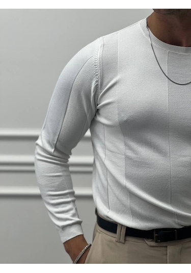 Modefendi Pamuk Yapılı Desenli Slimfit Triko Beyaz