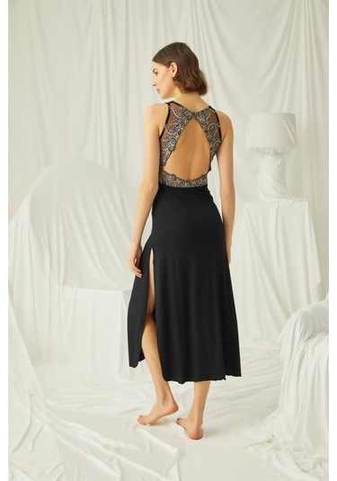 Monamise 19192 Kadın Kalın Asklılı Yakası Ve Sırtı Dekolteli Brode Dantelli Yırtmaçlı Gecelik-siyah Siyah