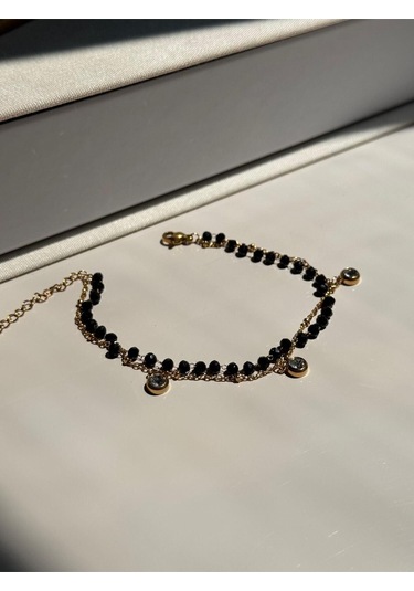 Siyah Boncuklu Sallantılı Taşlı Altın Kaplama Bileklik Altın