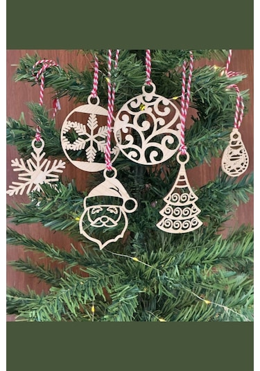 6 Parça Kırmızı Beyaz İpli Noel Babalı Ve Kar Tanesi Model Ahşap Yılbaşı Ağaç Süsü 4832