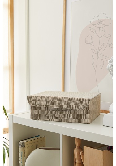 Ocean Home Textile Çekmece İçi Bej Renk Dokulu Kumaş Kapaklı Kutu 30 x 23 x 11 cm