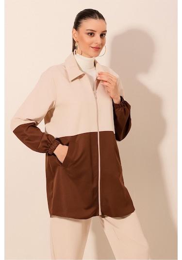 5909 Çift Renkli Mevsimlik Trençkot - Kahverengi Kahverengi