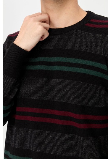 Erkek Sıfır Yaka Renkli Çizgili Klasik Yün Kazak Siyah Siyah