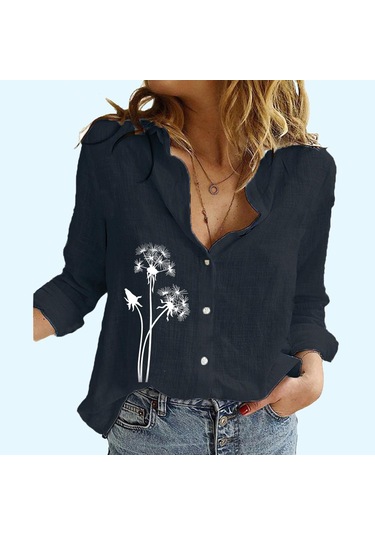 Kadın Moda Çiçek Desenli Keten Üst İlkbahar Yaz&sonbahar Günlük Uzun Kollu Düğmeli Gömlek Bayan Dik Yaka İnce Bluz Siyah
