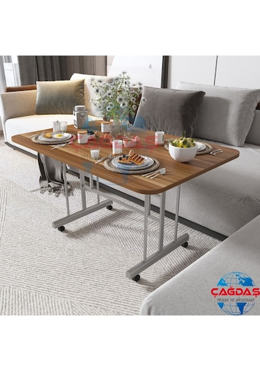 Teknor Tekerlekli Masa Orta Sehpa 70x110 Cm Metal Ayak Kahverengi