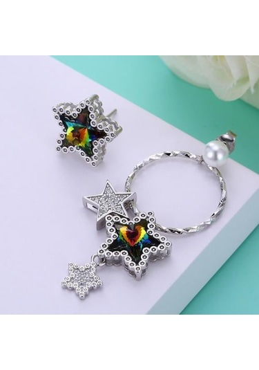 Kadınlar İçin 925 Gümüş Düzensiz Küpe Büyük Hoop Star Bırak Ve Amp Renkli Kristal Düğün Takı İle Yıldız Saplama Küpe Saplama Küpe Altın