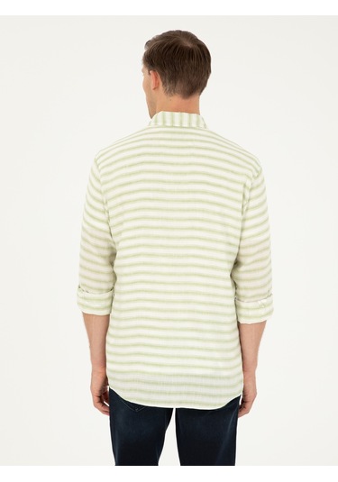 Cacharel Yeşil Keten Karışımlı Slim Fit Uzun Kollu Gömlek