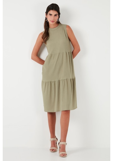 Lela Regular Fit Kolsuz Midi Bayan Elbise 5869008 Olive