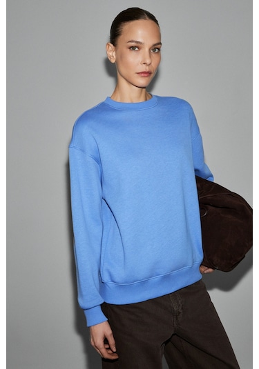 Grimelange Vaneltına Kadın Organik Pamuklu Yumuşacık İçi Polarlı Yuvarlak Yakalı Mavi Sweatshirt Mavi