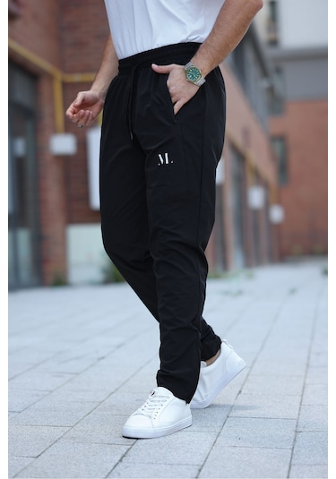 Erkek Siyah Baggy Eşofman Altı Fermuarlı Paça Kaliteli Paraşüt Kumaş Siyah