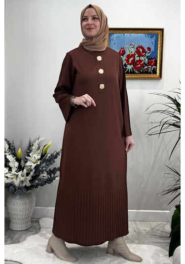 Banu Broşlu Triko Elbise Kahve Normal