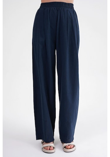 4682 Kadın Beli Lastikli Jogger Bol Keten Pantolon Lacivert Lacivert