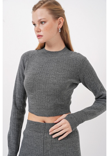 Bigdart 15905 Kadın Crop Kazak Pantolon Triko Alt Üst Takım - Füme