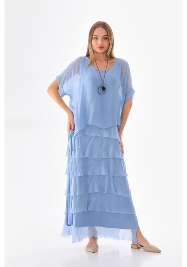 İtalyan 2 Beden İnce Gösteren Yarım Kol Kat Kat Ipek Elbise İndigo Mavi İndigo - Mavi