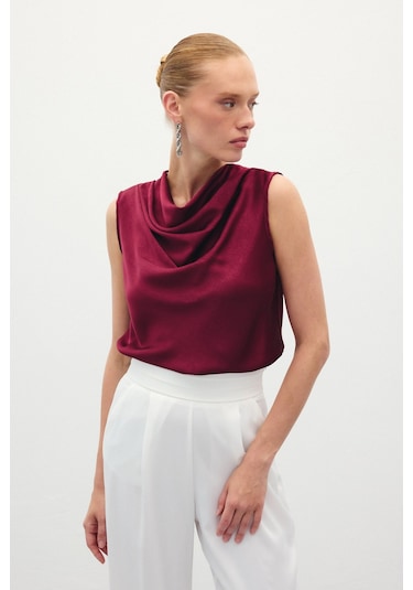 Sateen Degaje Yaka Saten Bluz - Bordo-136198 Bordo