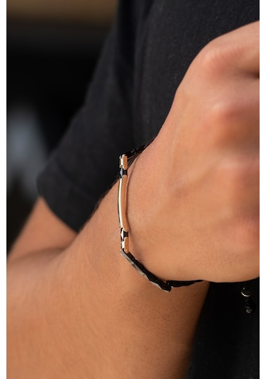 Cenova Kuyumculuk 14 Ayar Altın Bar Detaylı Siyah Seramik Erkek Bileklik Sarı Altın