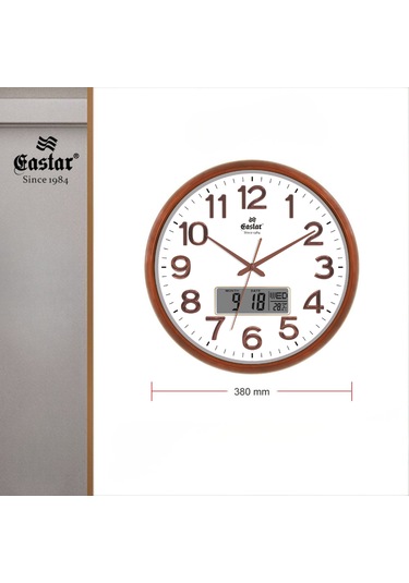 Eastar A5146 Ahşap Görünümlü Sıcaklık/takvimli Duvar Saati Kahverengi