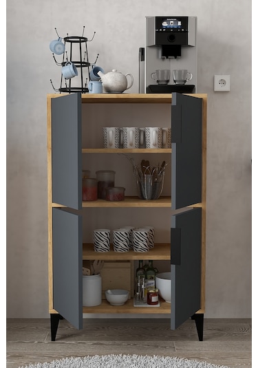 1403 Ada Çok Amaçlı Dolap , Kahve Köşesi , Kiler Dolabı , Mutfak Standı 4 Kapılı , Safir Antrasit Antrasit - Safir