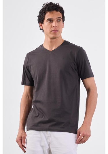 Antrasit V Yaka Pamuklu Düz Renk Slim Fit Erkek T-shirt Antrasit