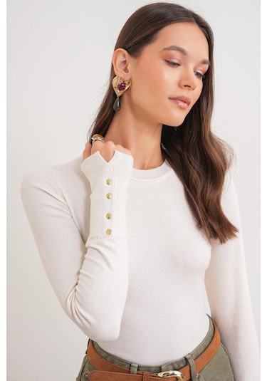 Mixray 6736 Kadın Bisiklet Yaka Kolu Droplu Triko Kazak Naturel