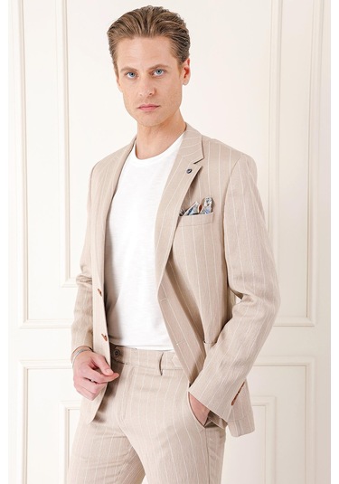 Comfort Fit Çift Yırtmaç İtalyan Çizgili Keten Casual Bej Ceket C 671 Bej