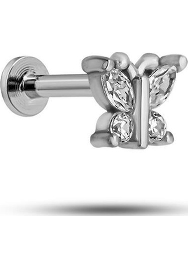 925 Ayar Gümüş Rodyumlu Minimal Kelebek Tragus Piercing Küpe Gümüş