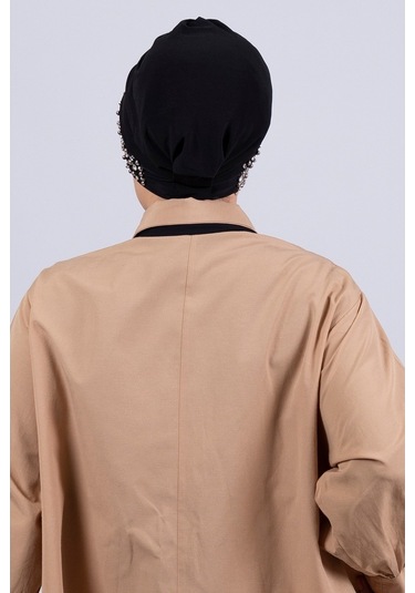 Siyah Pratik Hazır Geçmeli Tesettür Bone Sandy Kumaş Taşlı 1456_0 Siyah