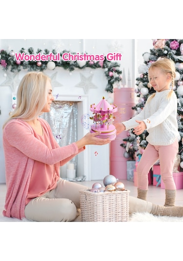 Reedark Döner Atlı Karusel Müzik Kutusu - Çocuklar İçin Doğum Günü Ve Noel Hediyesi Pembe