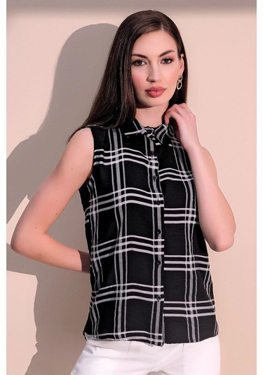 Kadın Siyah Kaliteli Üretim Kare Desen Ekose Kolsuz Gömlek Siyah