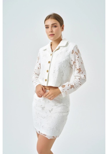 Modatalika Kadın Ceket Etek Dantel Özel Tasarım İkili Takım Ekru