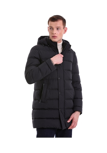 Hatemoğlu Lacivert Slim Fit Hakim Yaka Kapüşonlu Basic Kaban 22232023A008 Lacivert