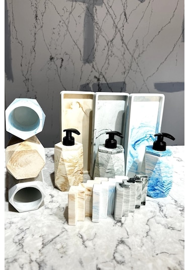 Betonmall 4 Parça Mermer Desenli Beton Banyo Seti Katı Sıvı Sabunluk Diş Fırçalık Tepsi - Gri Gri