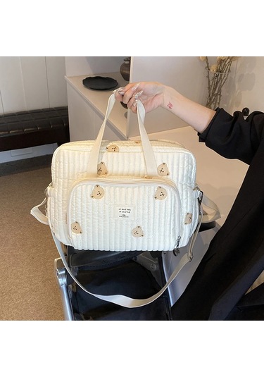 Sevimli Ayı Çiçek Nakış Desen Bebek Bej Pamuklu Kumaş Fermuar Beyaz