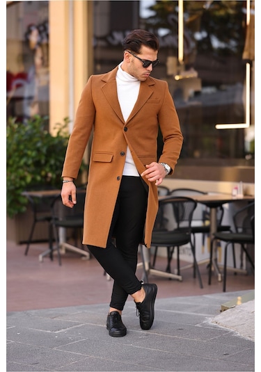 Erkek Kiremit Dar Kesim Uzun Yün Karışımlı Kaşe Kaban KİREMİT