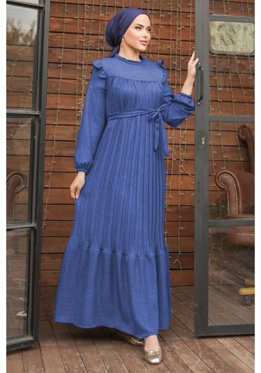 Fırfırlı Pilise Elbise 777 - İndigo