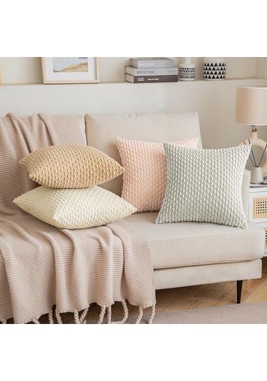 Moveevo Ev Dekorasyonu Yumuşak Plüsh Yastık Kılıfı 2 Adet, 18x18 İnç, Bej, Çekmeceli Desen, İç Dolgu Yok Diğer