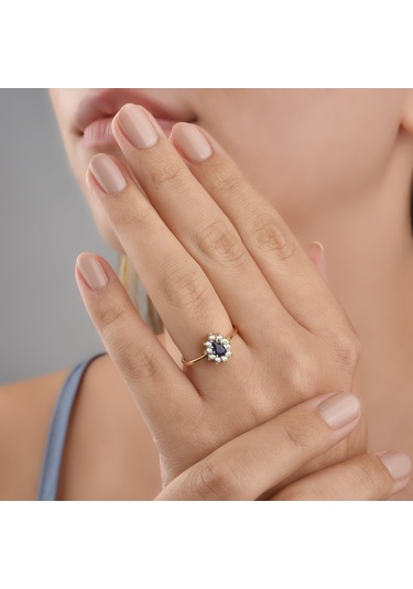14 Ayar Mikron Altın Kaplama Safir Taşlı Damla Halo Yüzük Vintage Stil - Rs00116 Altın