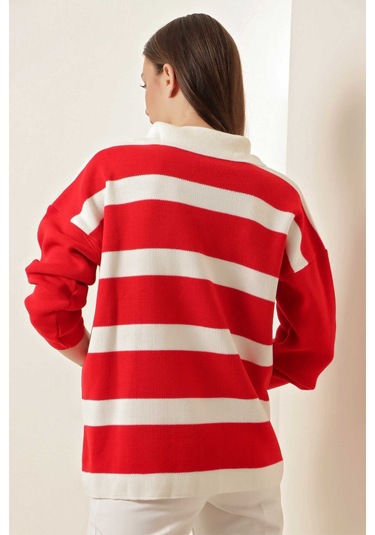 Gabria Fermuarlı Çizgili Kazak Kırmızı