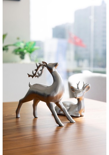 Dekoratif Gümüş Renk 2'li Geyik Biblo Seti