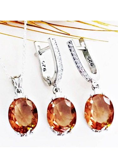 Lilahgümüştr Gümüş Oval Zultanit Taşlı Kadın Kolye Küpe