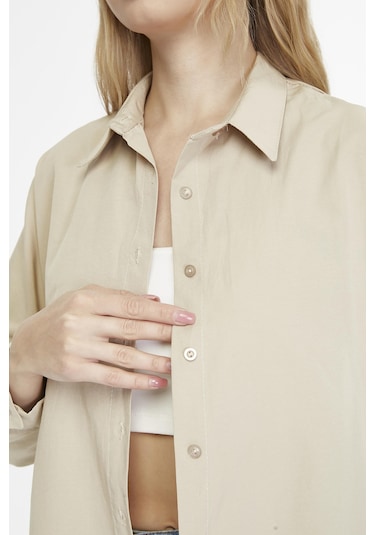 Kadın Oversize Uzun Basic Gömlek - Koyu Krem