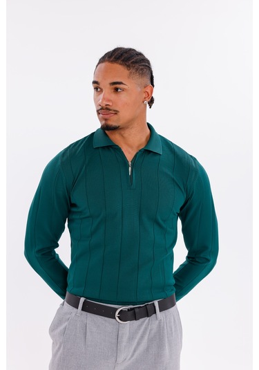 Monox Erkek Yarım Fermuarlı Polo Yaka Triko Kazak Zümrüt