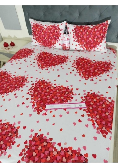 Çift Kişilik Lastikli Çarşaf Takımı - Kırmızı Kalpli Kırmızı