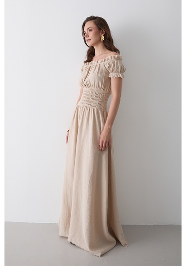 Natural Büzgülü Elbise - 2002 Bej