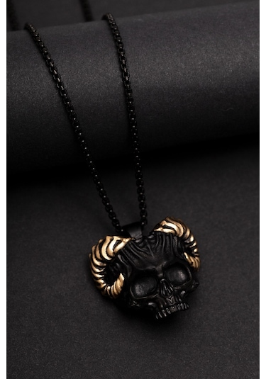 Gotik Boynuzlu Kurukafa Model Çelik Erkek Kolye Paslanmaz Sevgiliye - Eşe - Babaya Hediye Kolye Siyah