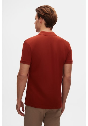 Twn Slim Fit Kiremit Pike Dokulu Yarım Fermuarlı Polo Yaka T-shirt 4ec14ortfrplo KIREMIT