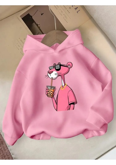 Kışlık Kapüşonlu Sweatshirt, Çocuk Pembe Panter Baskılı Pembe